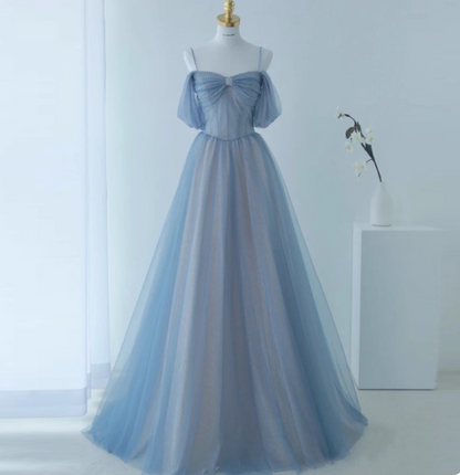 Blue A-Line Tulle Sequins Pearls Spaghetti Straps Prom Dress,Blue Formal Prom Dress ED01307