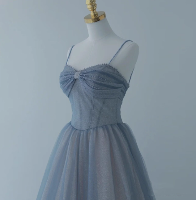 Blue A-Line Tulle Sequins Pearls Spaghetti Straps Prom Dress,Blue Formal Prom Dress ED01307