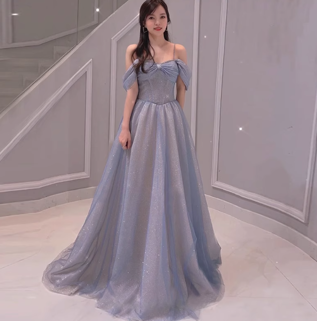 Blue A-Line Tulle Sequins Pearls Spaghetti Straps Prom Dress,Blue Formal Prom Dress ED01307