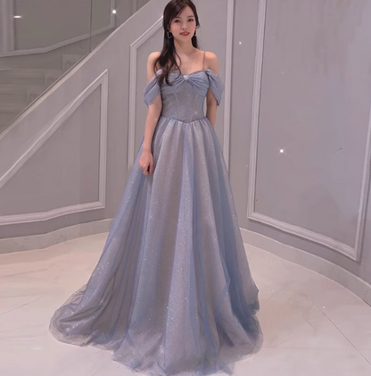 Blue A-Line Tulle Sequins Pearls Spaghetti Straps Prom Dress,Blue Formal Prom Dress ED01307
