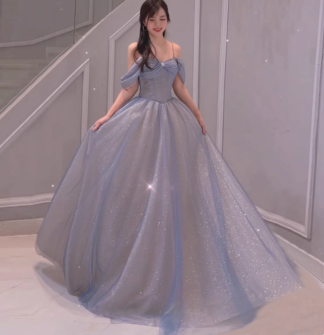 Blue A-Line Tulle Sequins Pearls Spaghetti Straps Prom Dress,Blue Formal Prom Dress ED01307