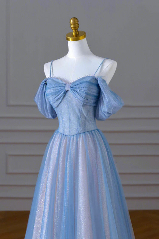 Blue A-Line Tulle Sequins Pearls Spaghetti Straps Prom Dress,Blue Formal Prom Dress ED01307