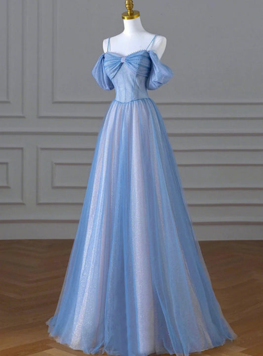 Blue A-Line Tulle Sequins Pearls Spaghetti Straps Prom Dress,Blue Formal Prom Dress ED01307