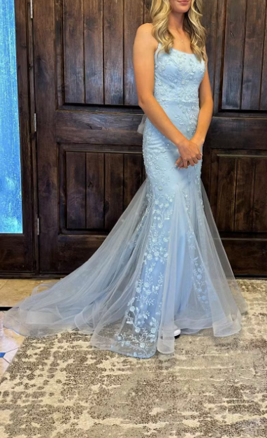 Spaghetti Straps Mermiad Blue Beaded Tulle Sequin Prom Dress with Appliques ED01310