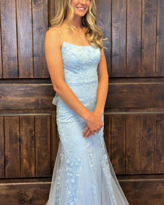 Spaghetti Straps Mermiad Blue Beaded Tulle Sequin Prom Dress with Appliques ED01310
