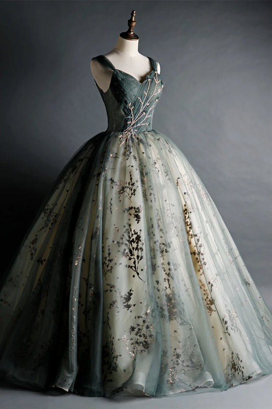 Robe de bal vert poudré à col en cœur et tulle perlé, robe de soirée Sweet 16 ED01314