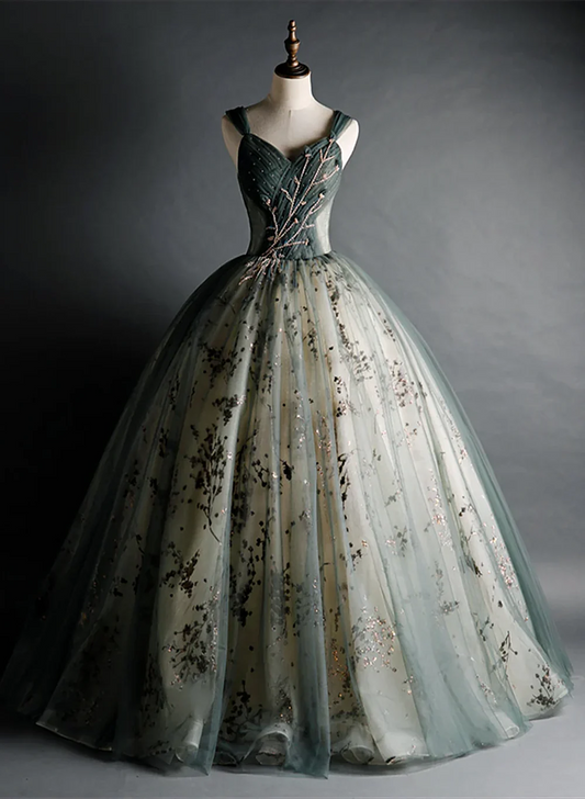 Robe de bal vert poudré à col en cœur et tulle perlé, robe de soirée Sweet 16 ED01314