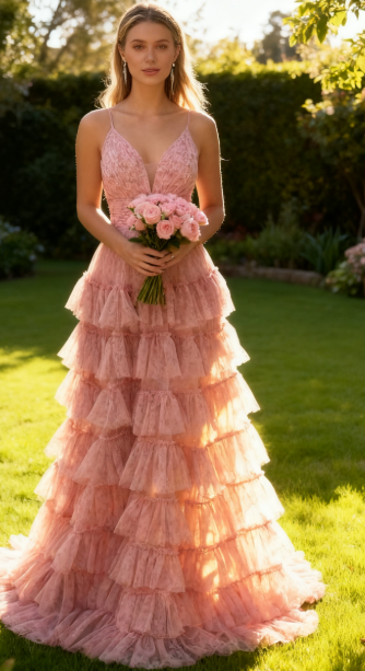 Pink A Line Spaghetti Straps Printed Tulle Prom Dress with Ruffles ED01315