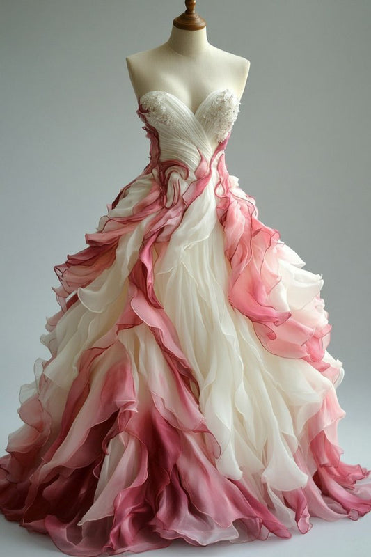 Vintage A-line V-neck Tulle Beaded Long Prom Dress, Gradient Pink Elegant Formal Evening Dress ED01318