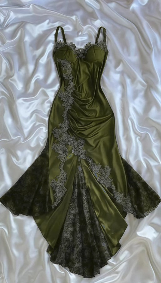 Spaghetti Strap Lace Applique Satin Dark Green Tulle Prom Dress Party Dress 