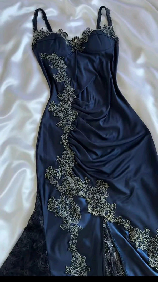 Spaghetti Strap Lace Applique Satin Navy Blue Tulle Prom Dress Party Dress