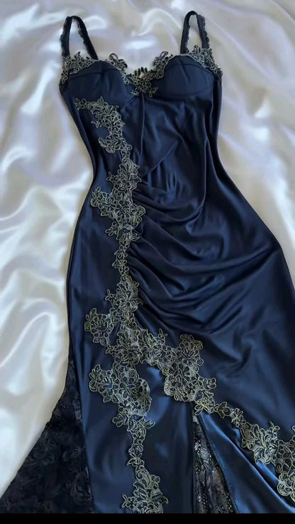 Spaghetti Strap Lace Applique Satin Navy Blue Tulle Prom Dress Party Dress
