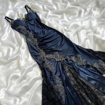 Elegant Navy Blue Spaghetti Straps Mermaid Satin Appliques Prom Dresse EvaFashionDress Elegant Navy Blue Spaghetti Straps Mermaid Satin Appliques Prom Dresse EvaFashionDress