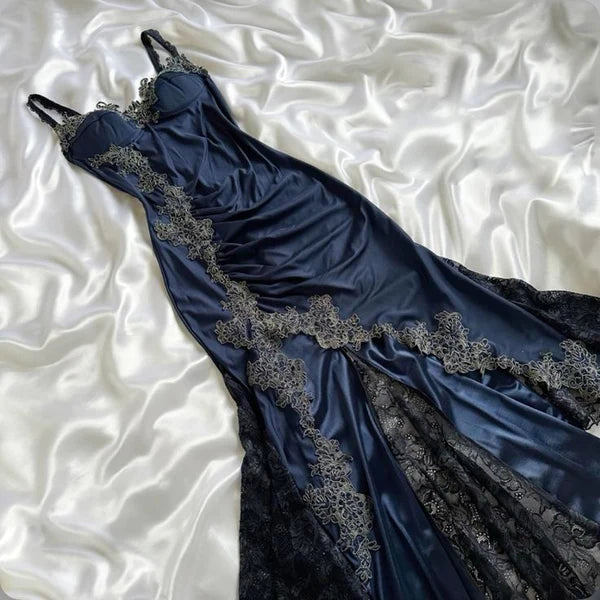 Spaghetti Strap Lace Applique Satin Navy Blue Tulle Prom Dress Party Dress