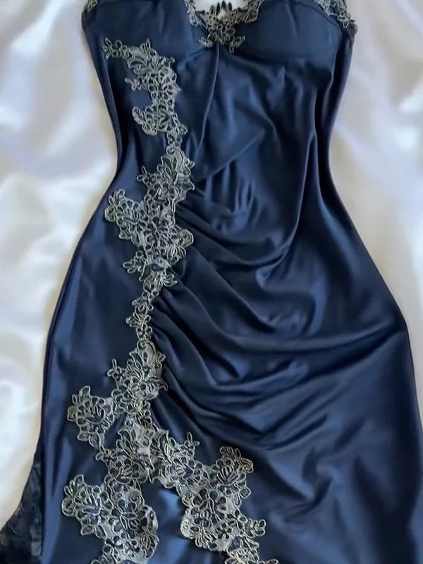 Spaghetti Strap Lace Applique Satin Navy Blue Tulle Prom Dress Party Dress