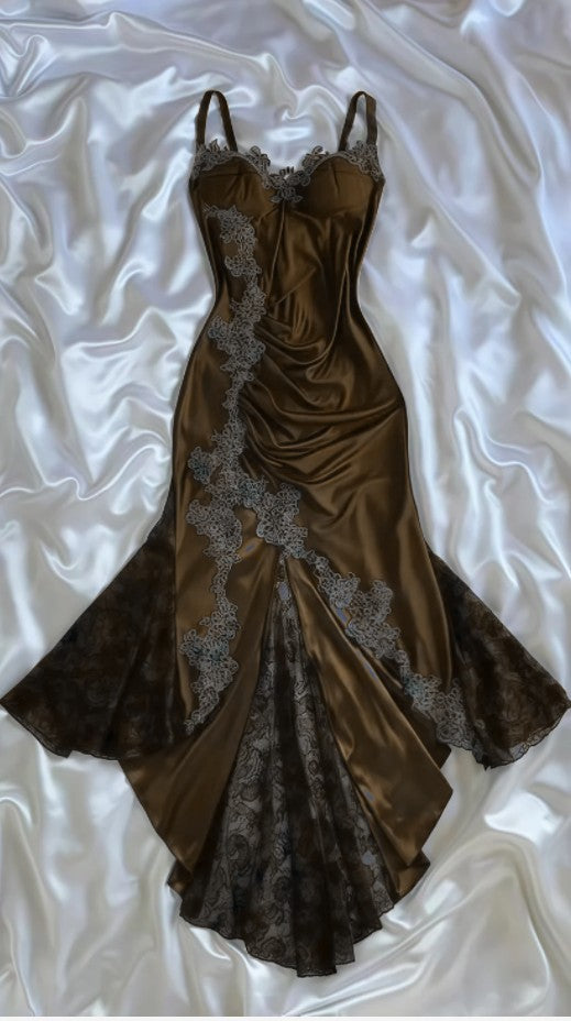 Spaghetti Strap Lace Applique Satin Brown Tulle Prom Dress Party Dress