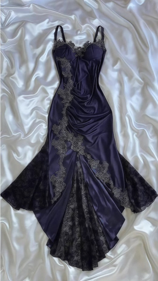Spaghetti Strap Lace Applique Satin Purple Tulle Prom Dress Party Dress