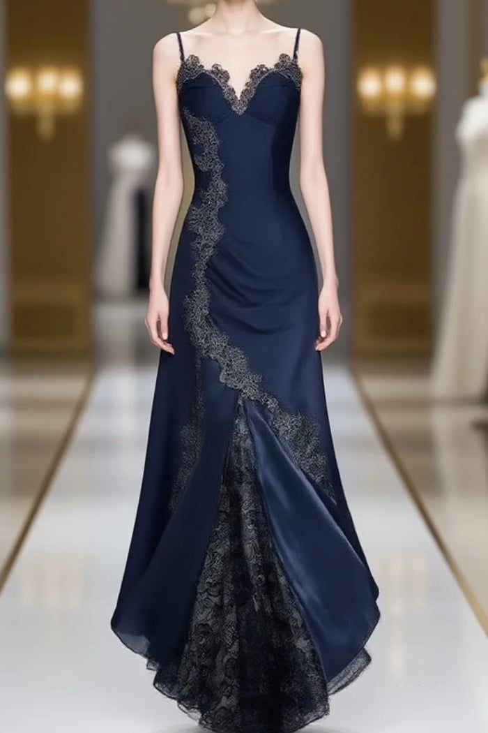 Elegant Navy Blue Spaghetti Straps Mermaid Satin Appliques Prom Dresses Party Dresses ED01319