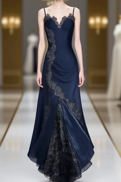 Elegant Navy Blue Spaghetti Straps Mermaid Satin Appliques Prom Dresses Party Dresses ED01319