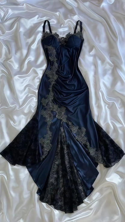 Spaghetti Strap Lace Applique Satin Navy Blue Tulle Prom Dress Party Dress