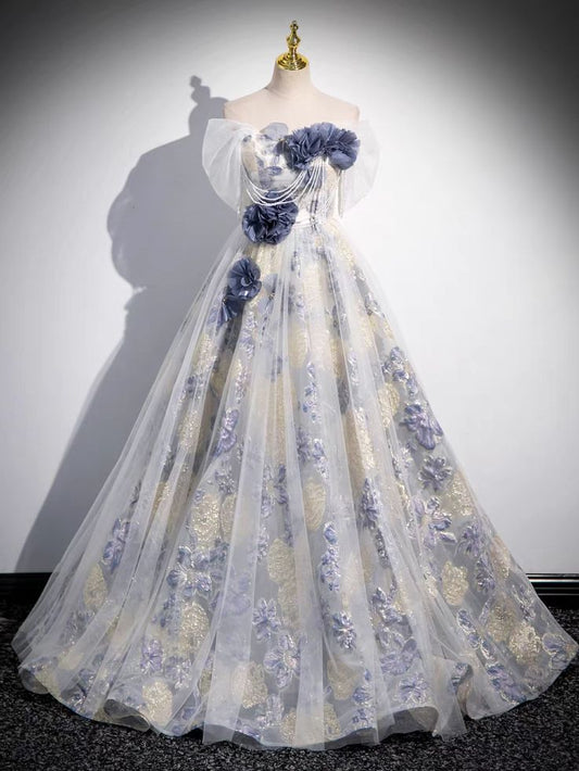 A-line off-shoulder tulle three-dimensional floral long prom dress, dark purple evening dress ED01320