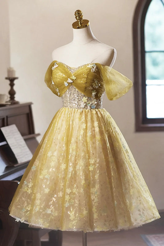 Knielanges Ballkleid aus gelbem Blumentüll, schulterfreies A-Linien-Heimkehrkleid ED01324