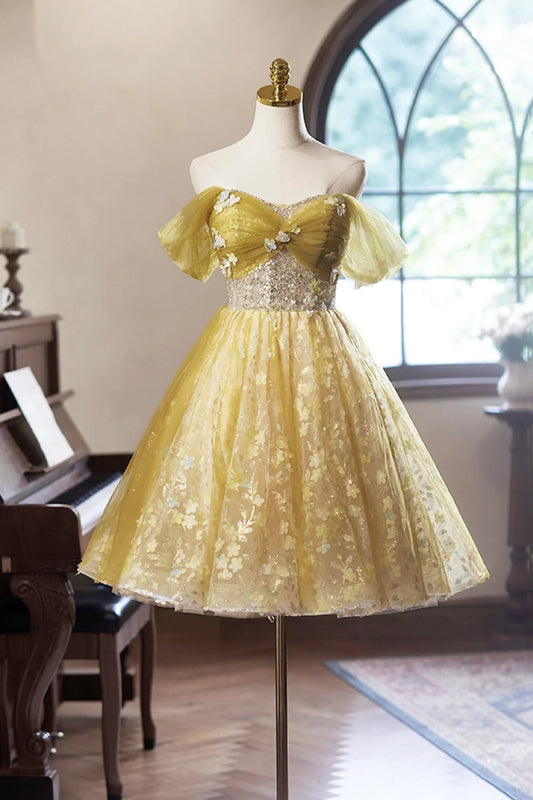 Knielanges Ballkleid aus gelbem Blumentüll, schulterfreies A-Linien-Heimkehrkleid ED01324