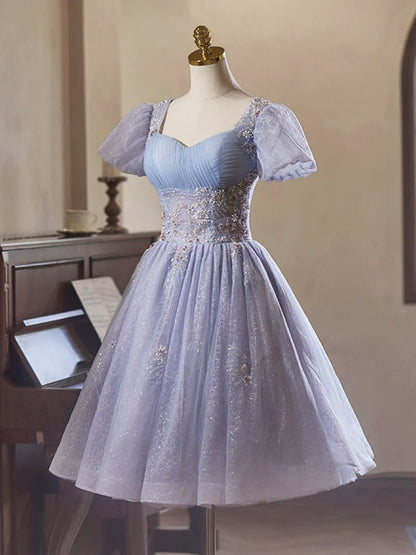 Robe de bal de fin d'année en tulle violet clair à manches courtes, magnifique robe de bal mi-longue ED01325