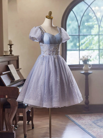 Robe de bal de fin d'année en tulle violet clair à manches courtes, magnifique robe de bal mi-longue ED01325