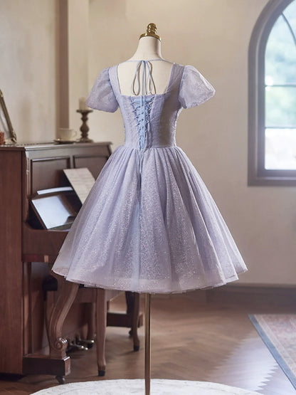 Robe de bal de fin d'année en tulle violet clair à manches courtes, magnifique robe de bal mi-longue ED01325