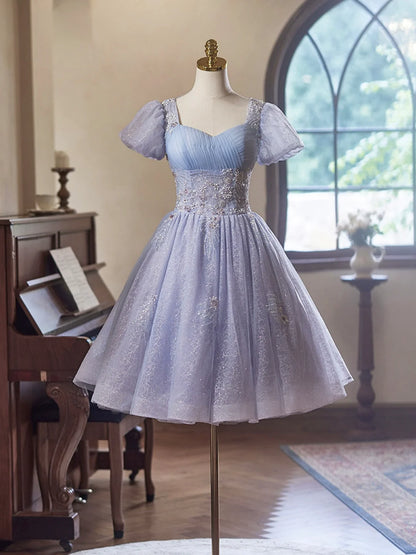 Robe de bal de fin d'année en tulle violet clair à manches courtes, magnifique robe de bal mi-longue ED01325