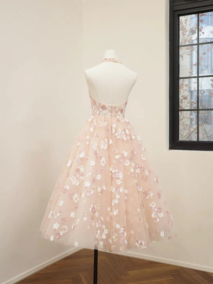 Rosa V-Ausschnitt Tüll Pailletten Kurzes Ballkleid, Süßes A-Linie Rückenfreies Homecoming-Kleid ED01326