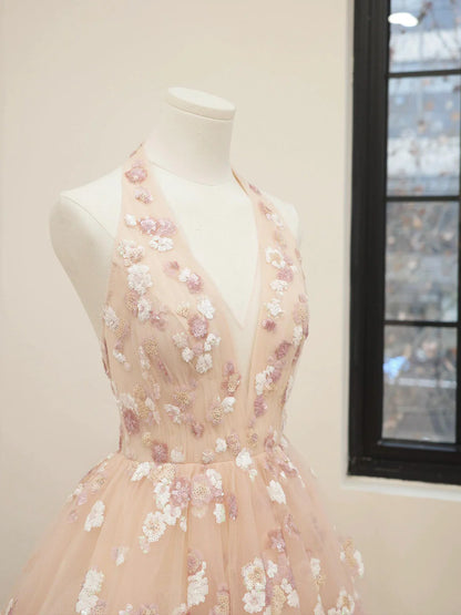 Rosa V-Ausschnitt Tüll Pailletten Kurzes Ballkleid, Süßes A-Linie Rückenfreies Homecoming-Kleid ED01326