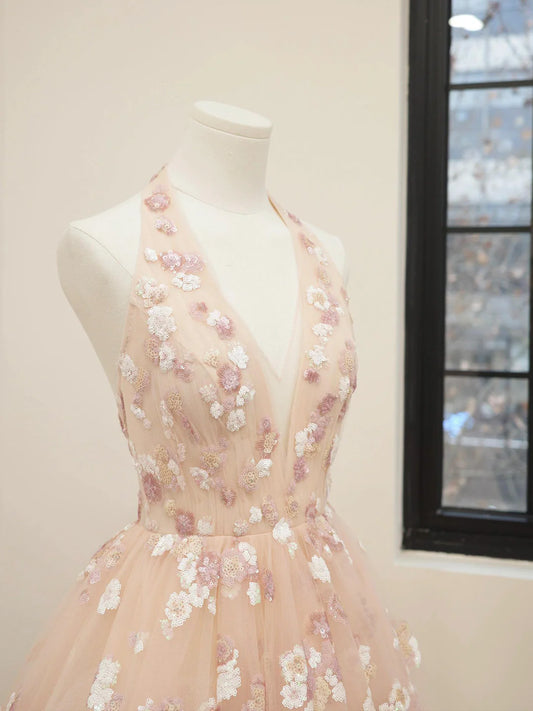 Rosa V-Ausschnitt Tüll Pailletten Kurzes Ballkleid, Süßes A-Linie Rückenfreies Homecoming-Kleid ED01326