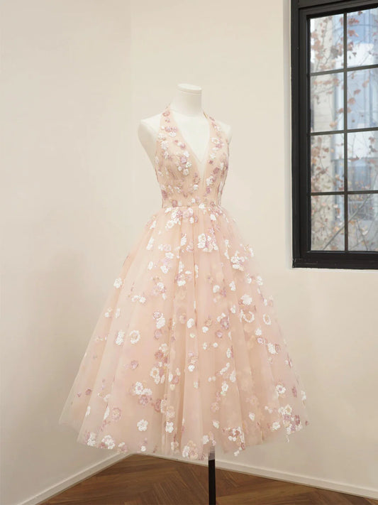 Rosa V-Ausschnitt Tüll Pailletten Kurzes Ballkleid, Süßes A-Linie Rückenfreies Homecoming-Kleid ED01326