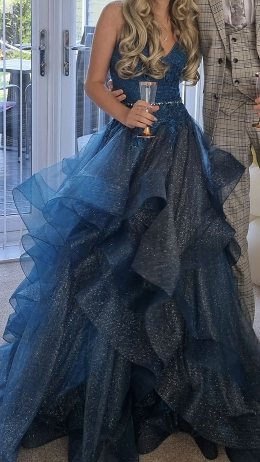 Blue A-line V-neck Tulle Sequins Long Prom Dress, Spaghetti Strap Evening Dress ED01329