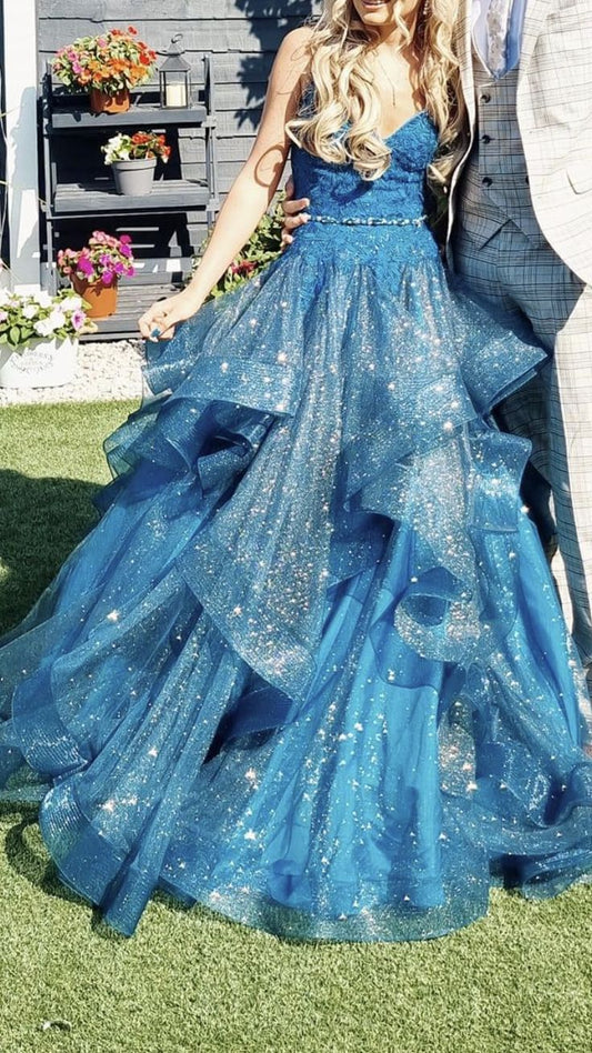 Blue A-line V-neck Tulle Sequins Long Prom Dress, Spaghetti Strap Evening Dress ED01329