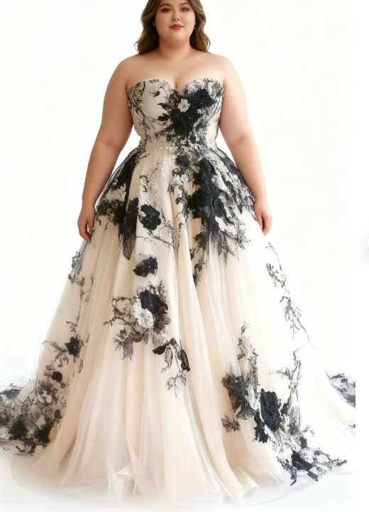 Light Champagne A-line Sweetheart Neckline Tulle Applique Wedding Dress, Vintage Long Evening Gown ED01330