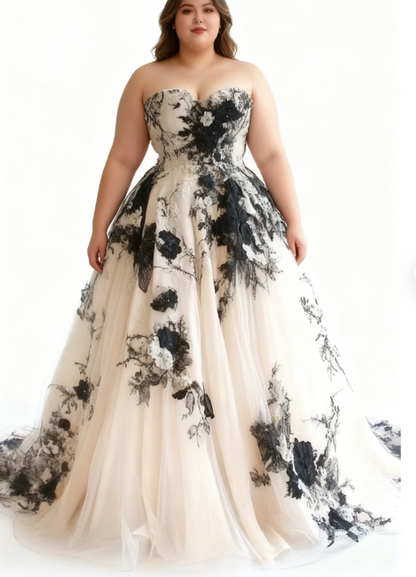 Light Champagne A-line Sweetheart Neckline Tulle Applique Wedding Dress, Vintage Long Evening Gown ED01330