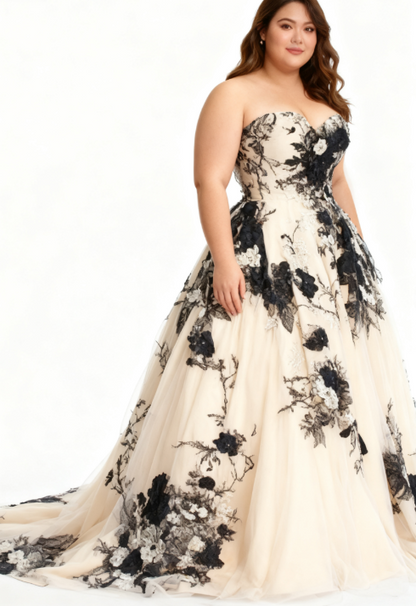 Light Champagne A-line Sweetheart Neckline Tulle Applique Wedding Dress, Vintage Long Evening Gown ED01330