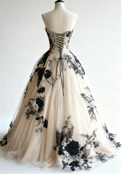 Light Champagne A-line Sweetheart Neckline Tulle Applique Wedding Dress, Vintage Long Evening Gown ED01330