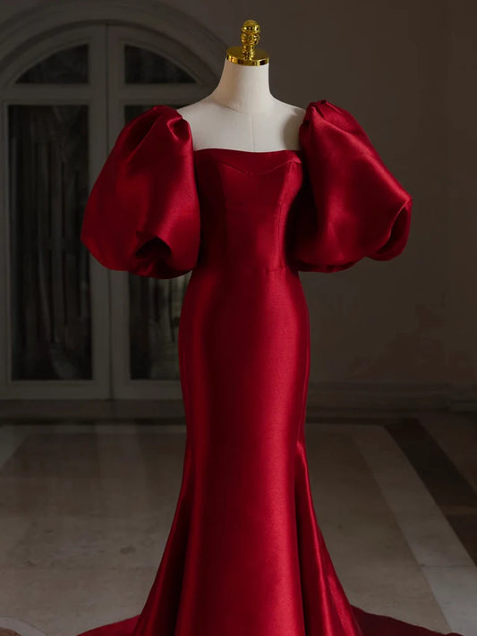 Burgundy Mermaid Puff Sleeves Satin Burgundy Long Prom Dress, Burgundy Long Formal Dress ED01332
