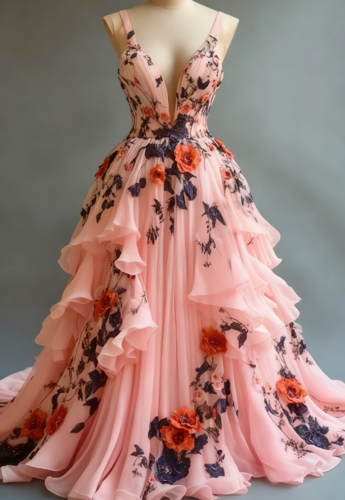 💫Fairytale A-line Wedding Dress 🌸Chiffon 3D Applique Evening Dress ED01337