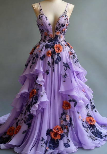💫Fairytale A-line Wedding Dress 🌸Chiffon 3D Applique Evening Dress ED01337