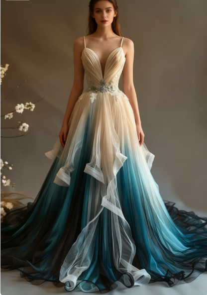 Elegant A-Line V-Neck Tulle Applique Long Prom Dress, Spaghetti Strap Vintage Evening Dress ED01339