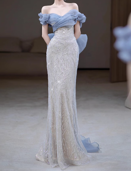 Mermaid Off Shoulder Tulle Sequin Long Prom Dress, Elegant Evening Gown ED01343