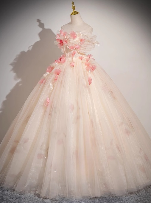 Robe de bal longue en tulle champagne, coupe trapèze, épaules dénudées, Sweet 16, ED01347