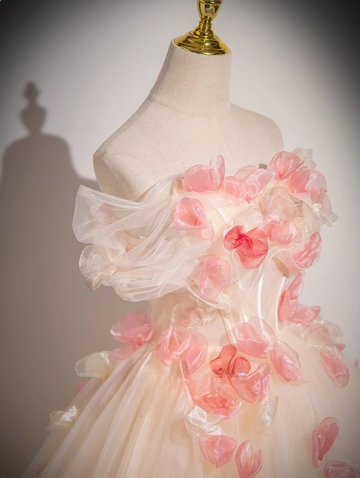 Robe de bal longue en tulle champagne, coupe trapèze, épaules dénudées, Sweet 16, ED01347