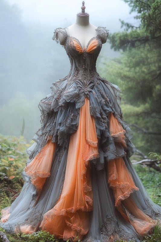 Robe de bal longue vintage en tulle et dentelle à col en V, robe de soirée perlée ED01351