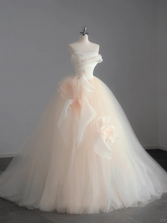 Helles Champagner A-Linien-Brautkleid aus trägerlosem Tüll, langes Brautkleid mit zarten Perlen ED01352